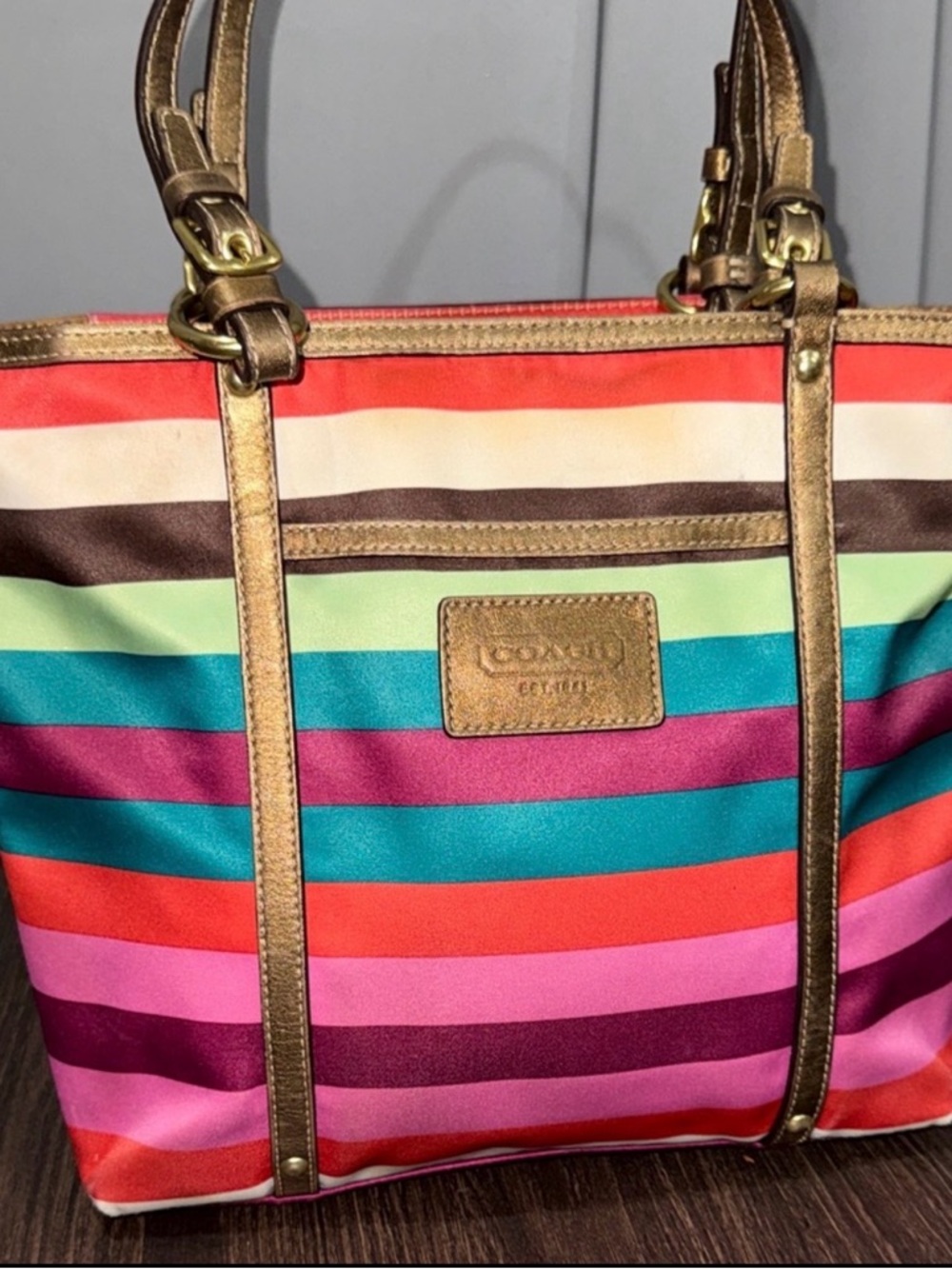 Coach Multicolor Stripe Tote with Gold Trim